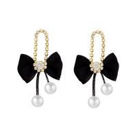 Zinc Alloy Drop Earring with Lace & Plastic Pearl Bowknot gold color plated for woman & with rhinestone Sold By Pair