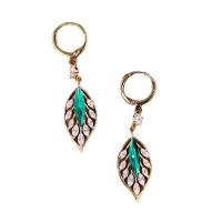 Tibetan Style Huggie Hoop Drop Earring, Leaf, gold color plated, fashion jewelry & for woman & with rhinestone, 10x50mm, Sold By Pair