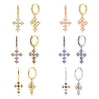 Huggie Hoop Drop Earring Brass with 925 Sterling Silver Cross plated micro pave cubic zirconia & for woman Sold By Pair