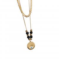 Titanium Steel Necklace with Glass Beads with 2inch extender chain Evil Eye 18K gold plated Double Layer & Unisex & enamel Length Approx 16.5 Inch Sold By PC