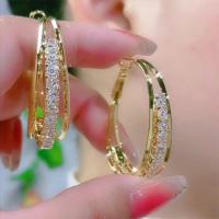 Brass Hoop Earring, real gold plated, for woman & with rhinestone & hollow, 10x30mm, Sold By Pair