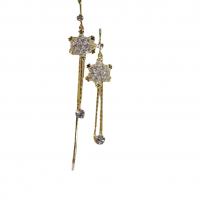 Tibetan Style Thread Through Earrings, Snowflake, gold color plated, for woman & with rhinestone, 15x90mm, Sold By Pair