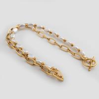 Edelstahl Schmuck Halskette, 304 Edelstahl, mit Kunststoff Perlen, Modeschmuck & für Frau, goldfarben, 6x4mm, Länge:ca. 18.39 ZollInch, verkauft von PC