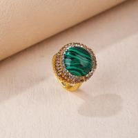 Gemstone Finger Ring, malaquitta, with cobre, cromado de cor dourada, para mulher & com strass, verde, níquel, chumbo e cádmio livre, Diametro interno:Aprox 17mm, vendido por PC