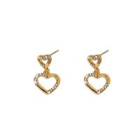 Tibetan Style Drop Earring, Heart, gold color plated, for woman & with rhinestone & hollow, 10x20mm, Sold By Pair