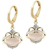 Brass Huggie Hoop Drop Earring with Cats Eye gold color plated for woman & with rhinestone Sold By Pair