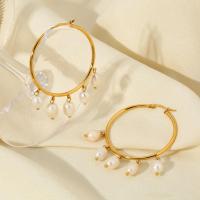 Stainless Steel Hoop Earring, 304 Stainless Steel, with Plastic Pearl, Round, 18K gold plated, fashion jewelry & for woman, golden, 58x41mm, Sold By Pair