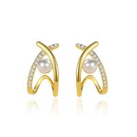 Cubic Zirconia Micro Pave Sterling Silver Earring, 925 Sterling Silver, with Plastic Pearl, plated, micro pave cubic zirconia & for woman, more colors for choice, 14mm, Sold By Pair