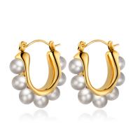 Stainless Steel Hoop Earring 304 Stainless Steel with Plastic Pearl Vacuum Ion Plating fashion jewelry & for woman Sold By Pair