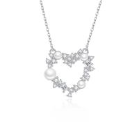 Cubic Zircon Micro Pave 925 Sterling Silver Necklace, with Shell Pearl, with 1.97inch extender chain, Heart, fashion jewelry & micro pave cubic zirconia & for woman, nickel, lead & cadmium free, Length:Approx 15.35 Inch, Sold By PC