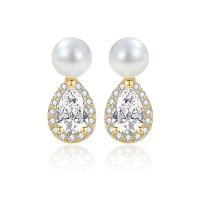 Cubic Zirconia Micro Pave Sterling Silver Earring, 925 Sterling Silver, with Plastic Pearl, plated, micro pave cubic zirconia & for woman, more colors for choice, 13mm, Sold By Pair