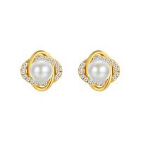 Brass Stud Earring with Shell Pearl & 925 Sterling Silver plated for woman & with rhinestone 11mm Sold By Pair