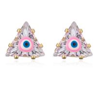 Evil Eye Øreringe, Messing, Triangle, forgyldt, mode smykker & Micro Pave cubic zirconia, flere farver til valg, nikkel, bly & cadmium fri, 11x11mm, Solgt af par