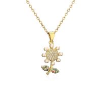 Cubic Zircon Micro Pave Brass Necklace, with Plastic Pearl, with 5cm extender chain, Flower, plated, fashion jewelry & micro pave cubic zirconia, gold, nickel, lead & cadmium free, 13x26mm, Length:45 cm, Sold By PC
