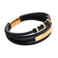 PU Leather Cord Bracelets, 316L Stainless Steel, with PU Leather, plated, for man, golden, Length:Approx 21 cm, Sold By PC