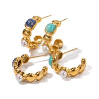 Stainless Steel Stud Earrings, 304 Stainless Steel, with Lapis Lazuli & Shell Pearl & ​Amazonite​, 18K gold plated, fashion jewelry & different materials for choice & for woman, golden, 22x6.40mm, Sold By Pair
