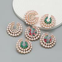Zinklegierung Ohrstecker, mit Kunststoff Perlen, rund, Modeschmuck & für Frau & mit Strass, keine, frei von Nickel, Blei & Kadmium, 46x48mm, verkauft von Paar