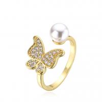 Cubic Zirconia Micro Pave Brass Ring with Plastic Pearl plated & micro pave cubic zirconia & for woman golden Sold By PC