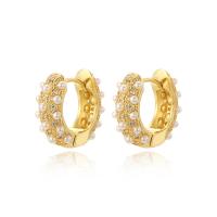 Cubic Zirconia Micro Pave Brass Earring with Plastic Pearl plated & micro pave cubic zirconia & for woman golden Sold By Pair