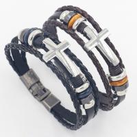 Cowhide Bracelet, with PU Leather & Tibetan Style, Cross, plated, multilayer & Unisex, more colors for choice, Length:Approx 8.3 Inch, Sold By PC
