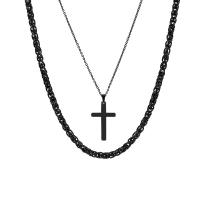 Stainless Steel Jewelry Necklace, 304 Stainless Steel, with 2.17inch extender chain, Cross, plated, Double Layer & fashion jewelry & for man, black, 37x19mm, Sold Per Approx 24.4 Inch, Approx 20.08 Inch Strand