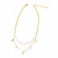 Titanium Steel Necklace, with White Shell & Plastic Pearl, with 2.36inch extender chain, plated, Double Layer & different styles for choice & for woman, golden, Length:Approx 15.75 Inch, Approx 16.93 Inch, Sold By PC