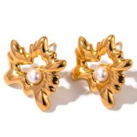 Stainless Steel Stud Earrings 304 Stainless Steel with Plastic Pearl Flower plated fashion jewelry golden Sold By Pair