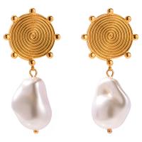 Stainless Steel Drop Earring, 304 Stainless Steel, with Shell Pearl, plated, fashion jewelry, golden, Sold By Pair