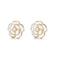 925 Sterling Silver Stud Earrings, with Plastic Pearl, petals, plated, for woman & epoxy gel, more colors for choice, 9.30x9.30mm, Sold By Pair