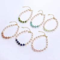Gemstone Bracelets, Natural Stone, with Freshwater Pearl & Brass, gold color plated, random style & fashion jewelry & for woman & faceted & mixed, pearl Length:6-7mm,natural stone Length:8x6mm, Length:Approx 18 cm, Sold By PC