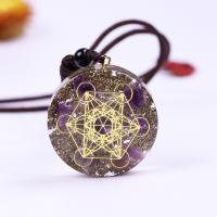 Resin Necklace, with Gold Foil & Amethyst & Brass, Flat Round, gold color plated, fashion jewelry & Unisex & epoxy gel, mixed colors, 35mm, Length:Approx 66 cm, Sold By PC