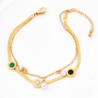 Fashion Jewelry Anklet, Titanium Steel, with Shell & Plastic Pearl, with 2.24inch extender chain, plated, Double Layer & for woman, golden, Length:Approx 8.46 Inch, Sold By PC