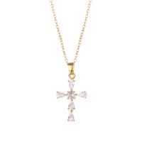 Stainless Steel Jewelry Necklace, 304 Stainless Steel, with 1.97inch extender chain, Cross, Vacuum Plating, fashion jewelry & micro pave cubic zirconia & for woman, golden, 16x29mm, Sold Per Approx 15.75 Inch Strand
