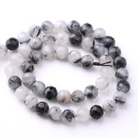Natürlicher Quarz Perlen Schmuck, Schwarzer Rutilquarz, rund, DIY & verschiedene Größen vorhanden, weiß und schwarz, verkauft per ca. 38 cm Strang