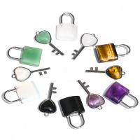 Gemstone Pendants Jewelry, with Tibetan Style, Lock and Key, plated, 2 pieces & DIY, more colors for choice, Sold By Set