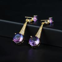 Goujon Laiton, bijoux de mode & pavé de micro zircon & pour femme, violet, protéger l'environnement, sans nickel, plomb et cadmium, 43x14mm, Vendu par paire