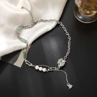 Collier d'acier titane, avec Jade & perle de plastique, avec 5cm chaînes de rallonge, bijoux de mode & pavé de micro zircon & pour femme, couleur originale, Longueur:Environ 24 cm, Vendu par PC