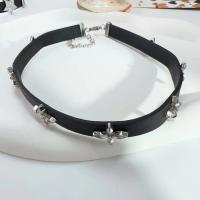 Moda naszyjnik Choker, Stop cynku, ze PU, Platerowane w kolorze srebra, biżuteria moda & dla kobiety, czarny, bez zawartości niklu, ołowiu i kadmu, długość około 30 cm, sprzedane przez PC