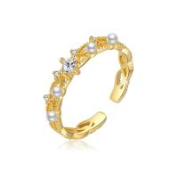 Kubisk Circonia Micro bane messing Ring, med Plastic Pearl, ægte forgyldt, mode smykker & Micro Pave cubic zirconia & for kvinde, nikkel, bly & cadmium fri, Ring inner diameter:17mm, Solgt af PC