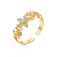 Cubic Zirconia Micro Pave Brass Ring, with Plastic Pearl, Star, real gold plated, fashion jewelry & micro pave cubic zirconia & for woman, nickel, lead & cadmium free, Ring inner diameter:17mm, Sold By PC