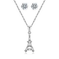 Brass Jewelry Set Stud Earring & necklace with Cubic Zirconia with 2Inch extender chain Eiffel Tower silver color plated fashion jewelry & for woman nickel lead & cadmium free Length Approx 17 Inch Sold By Set