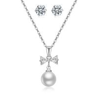 Brass Jewelry Set Stud Earring & necklace with Cubic Zirconia & Plastic Pearl with 2Inch extender chain Round silver color plated fashion jewelry & for woman nickel lead & cadmium free Length Approx 17 Inch Sold By Set