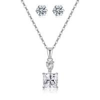 Brass Jewelry Set Stud Earring & necklace with Cubic Zirconia with 2Inch extender chain Square silver color plated fashion jewelry & for woman nickel lead & cadmium free Length Approx 17 Inch Sold By Set