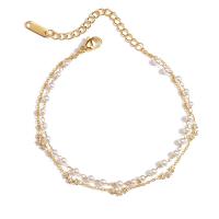 Stainless Steel Jewelry Bracelet 304 Stainless Steel with Plastic Pearl with 1.97inch extender chain plated Double Layer & micro pave cubic zirconia & for woman golden Length Approx 7.09 Inch Sold By PC