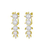 Brass Stud Earring, with Plastic Pearl, fashion jewelry & for woman, golden, nickel, lead & cadmium free, 35mm, Sold By Pair