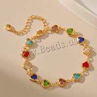 Brass Bracelet & Bangle, with 6CM extender chain, Heart, gold color plated, for woman & with rhinestone, multi-colored, nickel, lead & cadmium free, Length:Approx 16.5 cm, Sold By PC