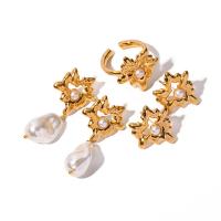 Fashion Stainless Steel Jewelry Sets finger ring & earring 304 Stainless Steel with Plastic Pearl plated fashion jewelry gold Sold By PC