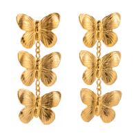 Edelstahl Tropfen Ohrring, 304 Edelstahl, Schmetterling, plattiert, Modeschmuck, Goldfarbe, 19.80x48.40mm, verkauft von Paar