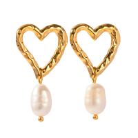 Edelstahl Tropfen Ohrring, 304 Edelstahl, mit Kunststoff Perlen, Herz, plattiert, Modeschmuck, Goldfarbe, verkauft von Paar