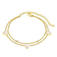 Titanium Steel Bracelet & Bangle, with Shell, with 1.97inch extender chain, Heart, Vacuum Ion Plating, Double Layer & micro pave cubic zirconia & for woman, golden, 7mm, Length:Approx 6.3 Inch, Sold By PC